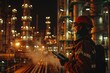 A man in a hard hat using a cell phone. Suitable for construction industry concepts