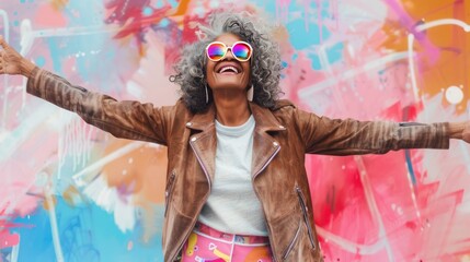 Wall Mural - Senior happy laughing black hipster woman dressed in leather biker jacket, multicolored glasses, standing outdoor on city street and posing front the camera, AI generated image