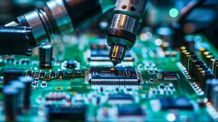 Canvas Print - Macro close-up of an automated robotic arm assembly circuit board using surface mount technology to connect microchips to the motherboard. Manufacturing machinery at work.