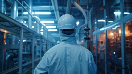 Poster - Shot of Industrial Engineer Wearing Protective Clothing Putting on Hard Hat and Walking Throughout Modern Manufacturing Facility with Automated Machinery in Background.