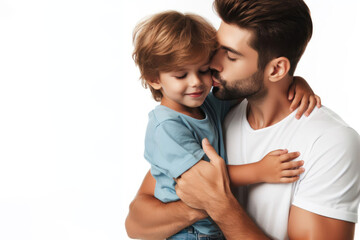 father and child hugging and kissing on a white background