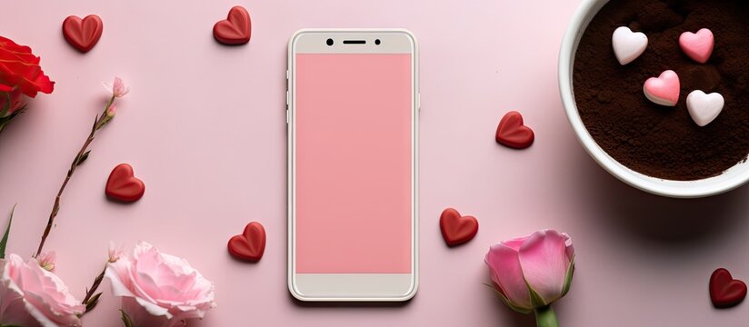 An aerial view of a Valentine s Day themed smartphone mock up flat lay featuring a coffee cup and chocolate with an empty space for an image. Copy space image. Place for adding text and design