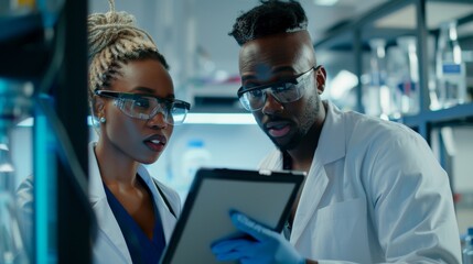 Poster - a male and female research scientist in an innovative laboratory use a digital tablet computer to co