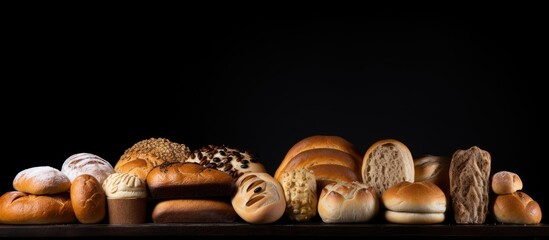 Poster - A variety of freshly baked bread loaves buns rolls and round breads on a black background with space for adding text. Copy space image. Place for adding text and design