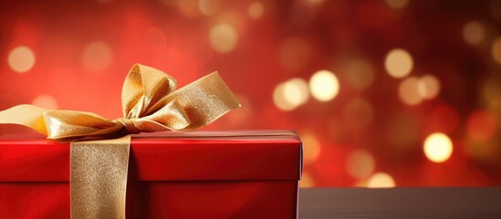 A vibrant red ribbon beautifully adorns the top of a gift box which is set against a luxurious golden background creating an enchanting copy space image