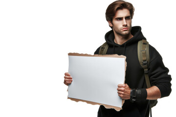 man protester holding white sheet isolated on white background