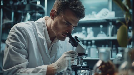 Poster - a close-up shot of a scientist using a microscope in a lab. genetics and pharmaceutical research.