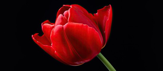 Wall Mural - a vibrant vibrant red tulip stands alone on a black background filling the frame plenty of space aro