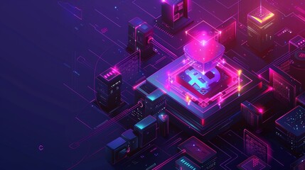 Aufkleber - An isometric landing page introducing blockchain technology. Cryptocurrency mining concept with blocks at a data center or server room, bitcoin, shields, keyholes on neon glowing backgrounds, 3d