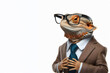 Portrait of a lizard dressed in a formal business suit and glasses isolated on a white background
