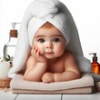 baby sit with a towel on his head during a spa procedure isolated on a white background