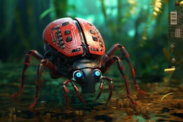 Poster - unrelenting software bug robot. virus sign. generate ai