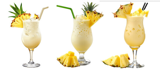 Set of Piña Colada cocktails on transparent background, tropical drink collection