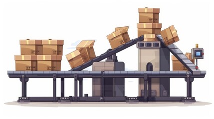 Aufkleber - An automated production line with goods or product packages isolated on a white background. Cartoon modern illustration of a conveyor belt with cardboard boxes.