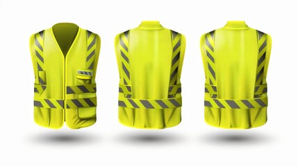 Wall Mural - Modern realistic 3d waistcoat with reflectors in front, side, and back, isolated on white background. Yellow safety vest with reflective stripes, uniform for construction workers, drivers and road