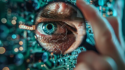 Poster - The image is of an electronics maintenance and repair engineer soldering mother boards, microchips, and circuit boards with the aid of a magnifying glass. Conceptual shot: Close-up of close-up of the
