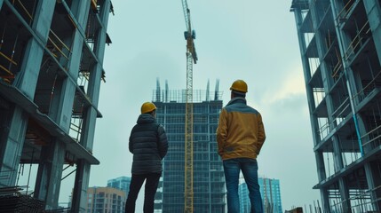 Poster - The diversified team of specialists inspects a commercial and industrial building construction site. The civil engineer, investor, and worker look on as a crane and formwork frames for a skyscraper