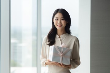 Sticker - Portrait of a glad asian woman in her 30s holding a gift isolated in modern minimalist interior