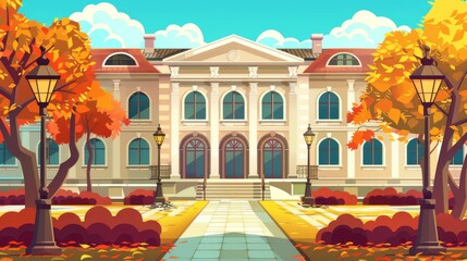 Wall Mural - The facade of a university campus or library with street lamps, autumn trees, and a tiled path. It is a classic style, educational public institution with a classic design.
