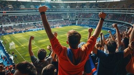 Wall Mural - Sport match. view of football, soccer fans cheering their team with colorful scarfs at crowded stadium at evening time. Concept of sport, cup, world, team, event, competition