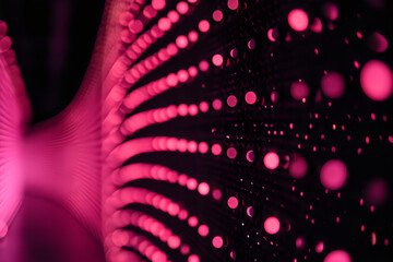 Abstract 3d banner with pink dots, waves and lines on a black background. Geometric dark wallpaper with molecular plexus mesh with copy space for text. Design concept for modern IT technologies ads