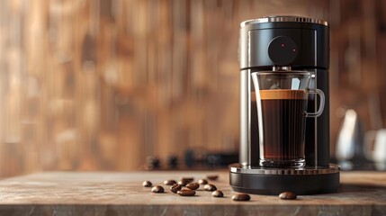 A coffee maker with a glass of coffee on top of it