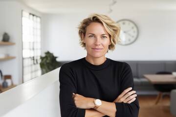 Wall Mural - Portrait of a grinning woman in her 40s with arms crossed on modern minimalist interior