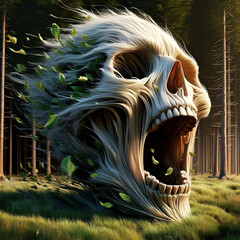 Wall Mural - Artistic illustration of green skull with forest sunlight background. Digital art concept, death