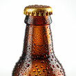 A detailed close-up image of the top of a glass brown beer bottle, isolated on a clean white background.