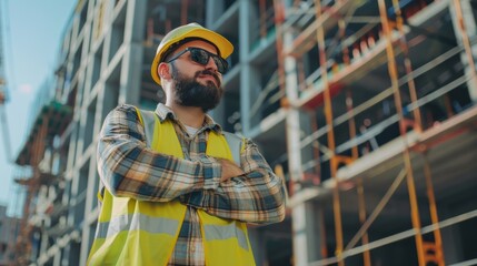 Poster - A confident bearded head civil engineer- architect wearing sunglasses stands outside on a sunny bright day wearing a hard hat, shirts, denims, and a yellow safety vest.
