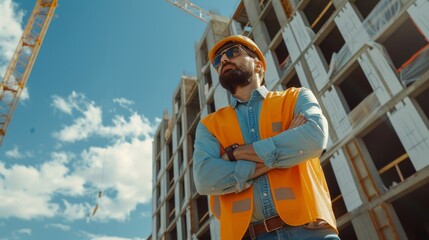 Poster - In a Hard Hat, Shirt, Jeans and Yellow Safety Vest, a bearded head civil engineer-architect stands outside on a sunny day in sunglasses.