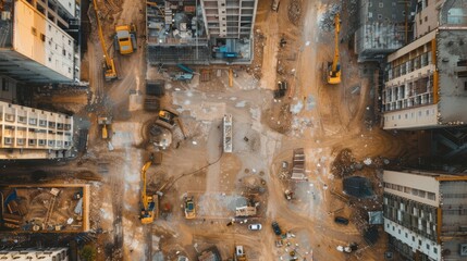 Poster - New Construction Development Site with Diverse Team of Engineers and Architects Discussing Real Estate Projects. Heavy Machinery and Construction Workers Work in the Area.