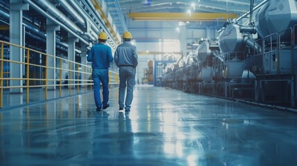 Poster - A couple of engineers are discussing a new manufacturing plant design, walking across an empty factory floor, inspecting, planning where all of the machinery would be put.
