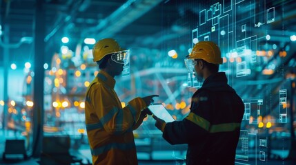 Poster - Three engineers use a digital tablet computer with Augmented Reality software for visualizing the room maps of a manufacturing plant. A high angle shot of the factory floor layout. It's an Industry