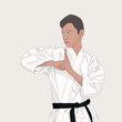 Young karateka with a black belt shows the Katu exercise. Courage and sport concept. Vector cartoon isolated character