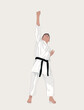 Young karateka raised his hand up symbolizing victory in the competition. Courage and sport concept. Vector cartoon isolated character