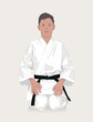 Young karateka sitting on the floor on his knees preparing to meditate. Sport courage concept. Vector illustration design
