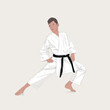 Young karateka in a kimono and a black belt warms up before a competition. Sport courage concept. Vector illustration design
