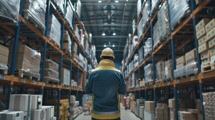 Poster - Working in Logistics, Distribution Center, Professional Worker Wearing Hard Hat Checks Stock and Inventory with Digital Tablet Computer in the Retail Warehouse Full of Shelves With Goods.