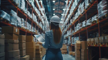 Poster - Professional female worker in a hard hat using a tablet computer to check inventory in a warehouse where shelves are full of goods. Distribution Center, delivery center.