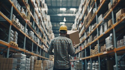 Poster - The shot shows a handsome male worker holding a cardboard box while walking through a retail warehouse filled with shelves filled with goods.