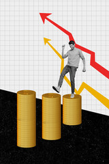 Poster - Creative abstract template collage of funny man stairs arrow point up earning money banker freak bizarre unusual fantasy billboard