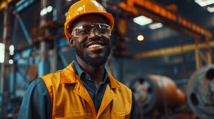 Wall Mural - Professional Heavy Industry Engineer Wearing Uniform, Glasses and Hard Hat at a Steel Factory. African American Industrial Specialist Standing at a Metal Construction Worker's WorkSite.
