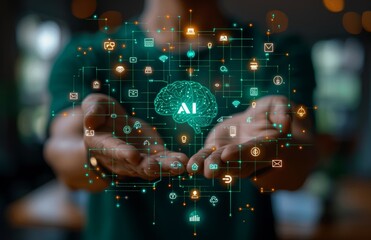 Poster - Person interacting with futuristic AI technology concepts in a digital interface