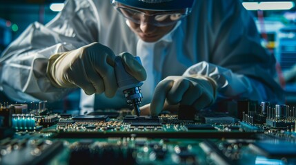 Poster - Scientist examining motherboard microprocessor component in a clean room at a high tech modern electronics factory wearing coveralls and gloves