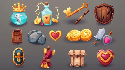 Poster - modern illustration of potions, a gold crown, lightning, coins, keys, flags, wooden shields, and mon