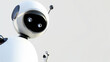 Close-up of a futuristic white robot head with a glossy finish, featuring expressive eyes and sleek design, set against a plain white background, highlighting modern robotics and AI technology.