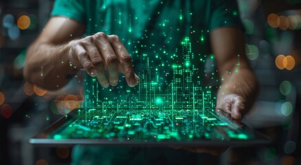 Poster - Innovative technology concept with man interacting with 3D city hologram