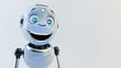 Close-up of a futuristic white robot head with a glossy finish, featuring expressive eyes and sleek design, set against a plain white background, highlighting modern robotics and AI technology.