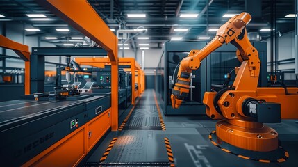 Poster - Robot arm production with high-tech automated machinery. The facility is equipped with sophisticated CNC machinery. The equipment is high-end CNC machinery.